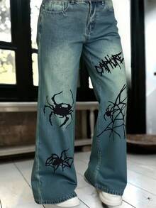 青少年男童蜘蛛网图案宽松深蓝色牛仔裤，蜘蛛网图案牛仔裤，秋冬款 - 藍色 - 查看 7