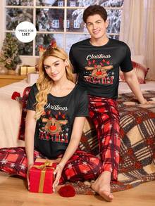 CoupledUp Conjunto de pijama de hombre con estampado navideño a cuadros y ciervos