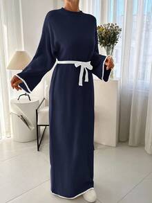 EURMUSE Pullover Sweater Dress Hem And Sleeve Detail+ 478 - Navy Blue - View 6
