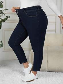 SHEIN CURVE+ 大码休闲水洗保暖内衬紧身牛仔裤 - 藍色 - 查看 8