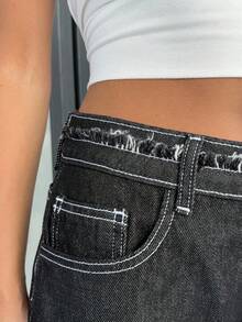 EURMUSE Woman Mid Waist Contrast Loose Straight Denim Jean Baggy Jeans Y2k Wide Leg Jeans Loose Jeans Oversized Jeans Jeans With Contrast Stitching - Dark Wash - View 2