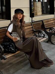 DAZY Women's Autumn Collared Sleeveless Top And Loose Fit Skirt 2 Pieces Set Y2k School Lounge Sets For Women - Coffee Brown - View 5