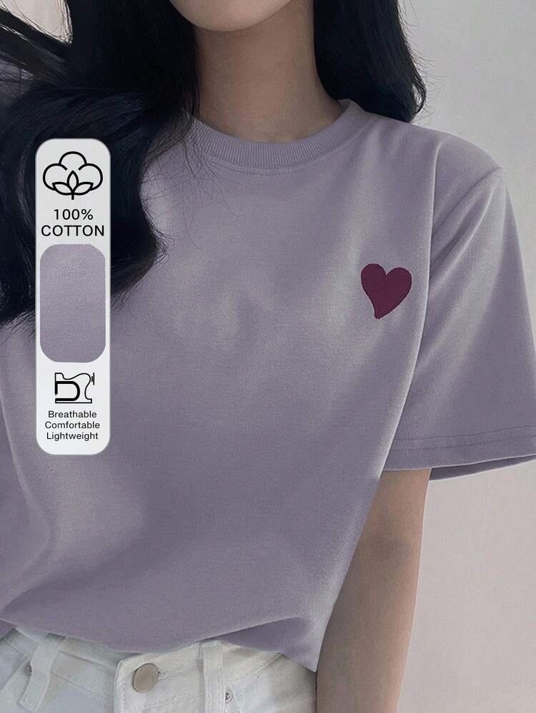 Women's Round Neck Embroidered Contrast Color Heart Minimalist Graphic T-Shirt Cute Tops