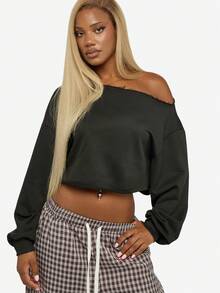 SUMWON WOMEN 休闲露肩短款运动衫长款灯笼袖毛边冬季秋季假日时尚套头衫基本款日常必备 - 黑色 - 查看 5