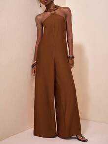 Zivah Women's Solid Color Round Ring Connected Fashionable Wide Leg Jumpsuit - Brown - View 5