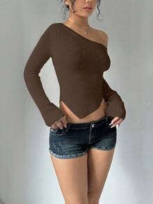 Flirla Áo len dệt kim bó sát hở vai gợi cảm cho nữ, mặc thường ngày, áo dài tay - Màu nâu Sô-cô-la - Xem 3