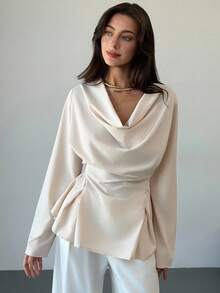 Aloruh Áo cánh thời trang tay dài cổ nhún bèo xếp ly màu trơn cho nữ - Màu be - Xem 1