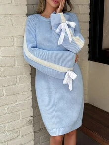 Casual Crew Neck Color Block Balloon Sleeve Bow Tie Cuffs Mini Knit Dress Baby Blue Sweater Dress Jumper Dress Blue Knit Dress With Bows Sweater Dress With Bows,Winter Dresses For Women,Dresses For Women,Jumpers For Women,Winter Dresses