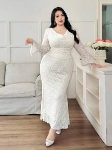 Modelyn Plus Size Korean Style Women 2 Pieces Set: Plunging Neck Mermaid Hem Skirt  Autumn - Apricot - View 3