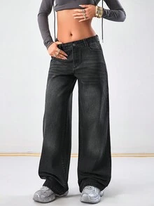 EURMUSE Women's Casual Washed Low-Waist Straight-Leg Jeans - Grey - View 6