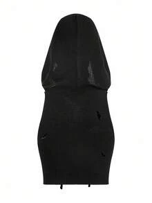 Shutterstock Y2Kool Women's Contrast Color Pattern Hooded Sleeveless Knit Top Hooded Top Goth Clothes Hoodies Graphic Matching Idea Party Top Stylish Clothing Collection New Year Outfits - Black - View 6