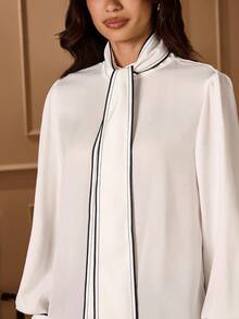 Lilora 女士休闲通勤优雅长袖系带前衬衫简约优雅系带衬衫冬季女士衣服高端精致优雅 - 白色 - 查看 2