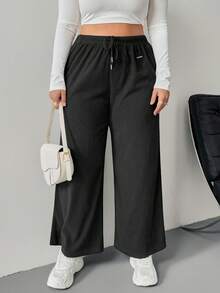 SHEIN PETITE CURVE 大尺碼黑色抓絨保暖柔軟休閒抽繩寬鬆女款寬腿運動長褲，適合秋冬，Curve 秋冬 2026 - 黑色 - 查看 8