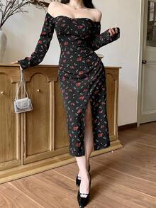 DAZY Váy midi hở vai họa tiết hoa xinh xắn dành cho nữ nhân ngày lễ tình nhân và trở lại trường - màu đen - Xem 8