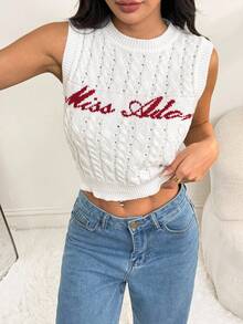 SHEIN PETITE 女士无袖字母图案针织上衣、返校服装、羊毛上衣、冬季女装、可爱羊毛背心、新年毛衣 - 白色 - 查看 9