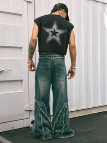 AXEPEAK Men's Fashionable Star Rhinestone Decor Tank Top, Summer - Black - View 6