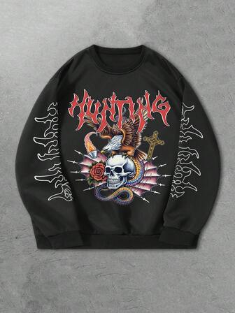Grunge Punk Jersey de cuello redondo negro para hombre con estampado de calavera y águila, otoño/invierno