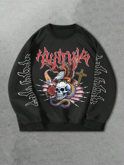 Grunge Punk Men's Black Crew Neck Sweatshirt With Skull & Eagle Print, Autumn/Winter