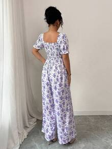 Rafferiza 女士优雅度假束腰花卉印花连体裤花卉紫色花卉连体裤夏季夏季花卉连体裤 - 紫色 - 查看 2