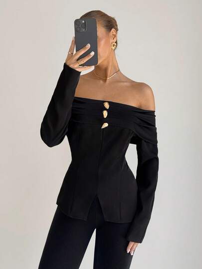 Siren Gaze Blusa negra con hombros descubiertos y decoración metálica para mujer