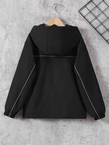 Vacaura Chaqueta con capucha con cremallera, forro térmico y rayas reflectantes para niño preadolescente, cálida y cómoda para actividades al aire libre, otoño/invierno - Negro - Ver 2
