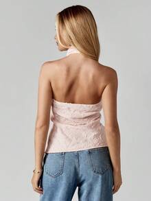 MISSGUIDED Halter Neck High Neck Lace Top For Evening Party Occasions With Cowl Draping - Pink - View 2