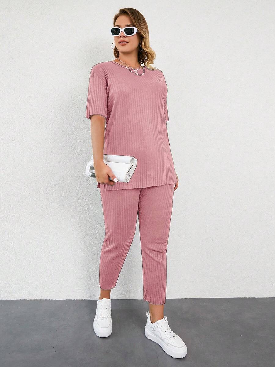 EURMUSE 大码夏季休闲纯色短袖T恤和裤子两件套 - 珊瑚粉 - 查看 1
