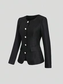 SHEIN Unity Casual Niche Design Mid-Length Loose Waist Cinched Atmosphere Sense Slimming Jacket, Autumn - Black and White - View 3