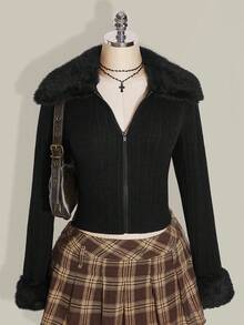 SHEIN ICON 加大码前拉链针织开衫，毛领袖口翻领保暖针织外套，适合秋季穿着，秋冬针织毛衣 - 黑色 - 查看 3