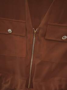 SHEIN LUNE 女式简约纯色前拉链抽绳系带短袖衬衫 - 棕色 - 查看 5