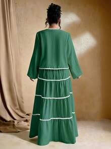 SHEIN Tall 加大码女式编织纹理长袖开衫，搭配系带腰带，撞色荷叶边下摆设计，松紧腰长裙，法式优雅浪漫两件套 - 橄欖綠 - 查看 2