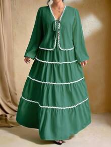 SHEIN Tall 加大码女式编织纹理长袖开衫，搭配系带腰带，撞色荷叶边下摆设计，松紧腰长裙，法式优雅浪漫两件套 - 橄欖綠 - 查看 3