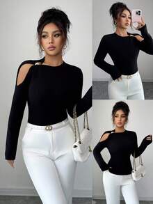 Islaluna New European And American Bloggers' Same Design, Elegant Temperament, Hollow Off-Shoulder, Exquisite Metal Buckle Decoration, Slim Fit, Long-Sleeved Pullover Sweaterautumn Fall Clothes For Women Fall Autumn Clothes Fall Outfits For Women Autumn Outfits For Women Fall Clothes Autumn Women  Fall Women Clothes  Going Out Outfit Going Out  Winter Winter Clothes For Women Elegant Fashionable Casual Commuting Business Office Daily Leisure All-Match Temperament Urban Teacher Professional Attire