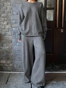 DAZY Women Solid Color Loose Crew Neck Long Sleeve Sweater And Straight Leg Pants Casual Street Wear Suit, Autumn/Winter