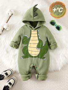 SHEIN 男婴恐龙服装套装，保暖连帽长袖连体衣，可爱恐龙图案，休闲舒适，适合室内、室外、日常穿着、运动、玩耍、派对节日、圣诞节、新年、万圣节等场合。 - 綠色 - 查看 3