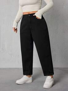SHEIN ICON Plus Size Front Button Pocket Simple Design Jeans, Casual Daily Wear - Black - View 1