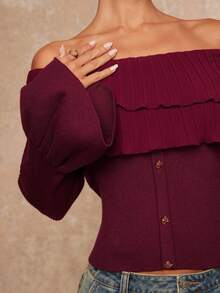 Lumalex Burgundy,Autumn,Elegant,Dinner Date Women's Off-Shoulder Ruffle Flare Sleeve Bodycon Sweater With Metal Button Decor,Tight Fitting Low Waist Pullover - Burgundy - View 9