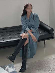 DAZY 女式宽松牛仔连衣裙，前扣开襟，落肩设计，返校服