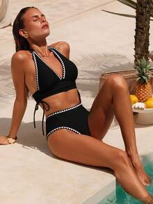 Swim Chiccia Bộ bikini kỳ nghỉ hè màu trơn gợi cảm mới cho nữ có viền ren trang trí - màu đen - Xem 3