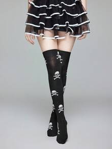 ROMWE Grunge Punk 1双暗摇滚哥特式白色骷髅过膝黑色袜子 - 黑色 - 查看 2