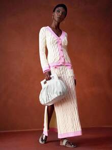Zivah Conjunto de cárdigan con ribete de punto de cable y falda maxi con ribete rosa en contraste para otoño/invierno