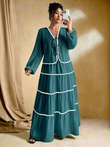 SHEIN Tall Plus Size Women Woven Textured Long Sleeve Cardigan With Tie Belt, Contrast Ruffle Hem Design, Elastic Waist Maxi Skirt, French Elegant Romantic 2 Pieces Set Teal Blue Dress Women Bohemian Dresses For Women Green Maxi Dress Women Tiered Maxi Dress Long Sleeve Summer Dresses