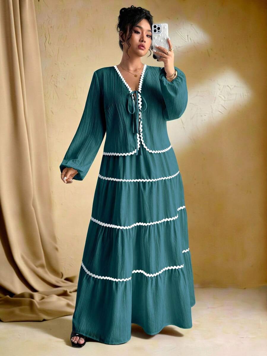 SHEIN Tall Plus Size Women Woven Textured Long Sleeve Cardigan With Tie Belt, Contrast Ruffle Hem Design, Elastic Waist Maxi Skirt, French Elegant Romantic 2 Pieces Set Teal Blue Dress Women Bohemian Dresses For Women Green Maxi Dress Women Tiered Maxi Dress Long Sleeve Summer Dresses
