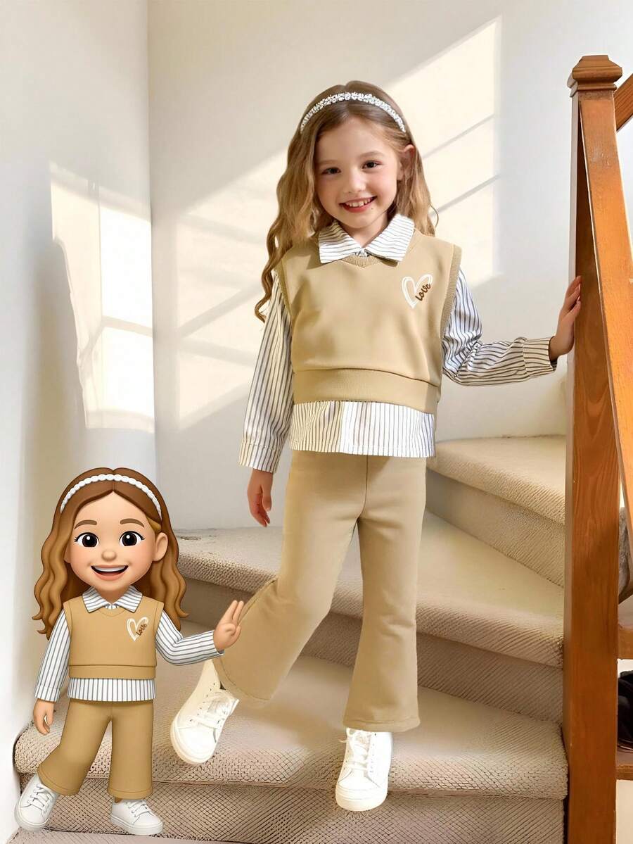 Elladie kids 3件套年轻女孩休闲条纹衬衫+心形印花背心+裤子套装,秋冬 - 卡其色 - 查看 1
