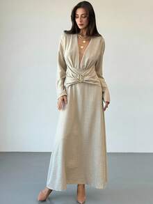 Aloruh Vestido de mujer de unicolor, de cuello en V profundo, de manga larga, con fruncido en la cintura y decoración metálica, de moda sexy y de largo medio - Caqui - Ver 2