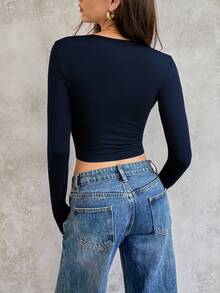 SHEIN Unity 1 件女式纯色深 V 领长袖蕾丝拼布修身短款上衣猎豹印花 T 恤，适合春季穿搭