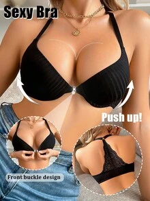 SHEIN Women's Solid Color Lace Splice Halter Bra, Suitable For Daily Wear - Black - View 5