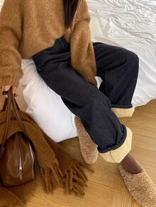 DAZY 女士高腰直筒保暖深蓝色牛仔裤，秋冬季保暖款 - 藏蓝色 - 查看 1