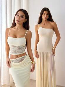 SHEIN PETITE 女士夏季蕾丝拼接透视两件套露背上衣+长裙性感优雅节日装情人节约会装音乐节宴会轻薄连衣裙适合秋冬内搭 - 黃色 - 查看 7