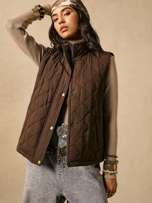 Easelle 女士梭织无袖休闲拉链夹克，咖啡色，冬季 - 咖啡棕 - 查看 1